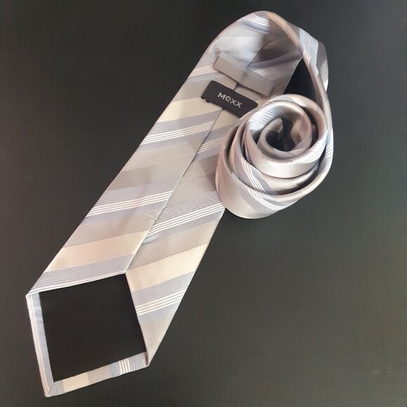 Mexx Silk Men's Diagonal Striped Necktie, Blue, Tan, Grey & White - Picture 2 of 7